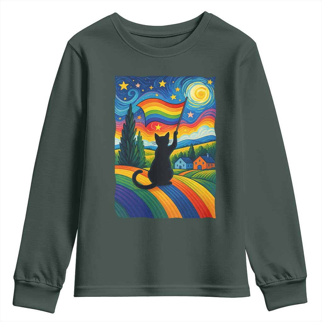 Whimsical Black Cat Pride Flag Youth Sweatshirt Colorful LGBTQ Rainbow TS02 Dark Forest Green Print Your Wear