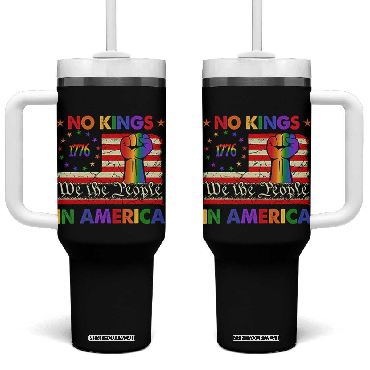 No Kings In America Rainbow Flag Tumbler With Handle TS02 One Size: 40 oz Black Print Your Wear