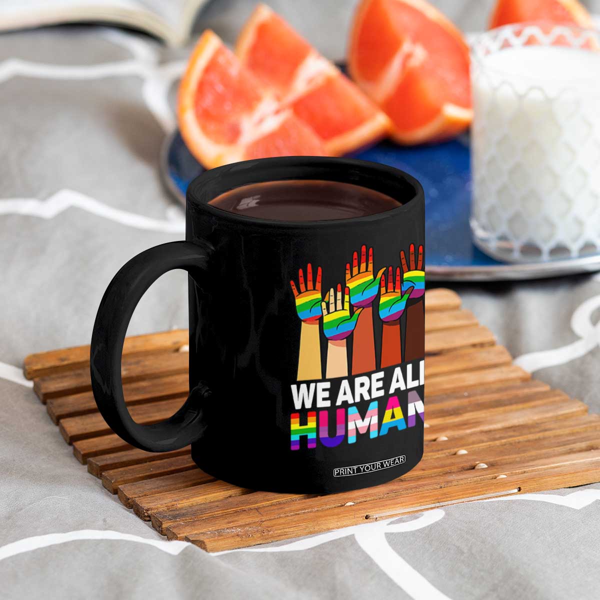 We Are All Human Rainbow Hands Coffee Mug LGBTQ+ Unity Equality Pride Month TS02 Print Your Wear