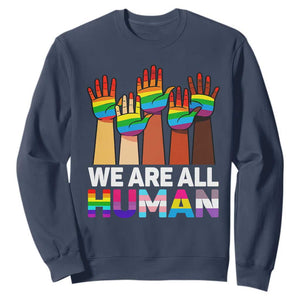 We Are All Human Rainbow Hands Sweatshirt LGBTQ+ Unity Equality Pride Month TS02 Navy Print Your Wear
