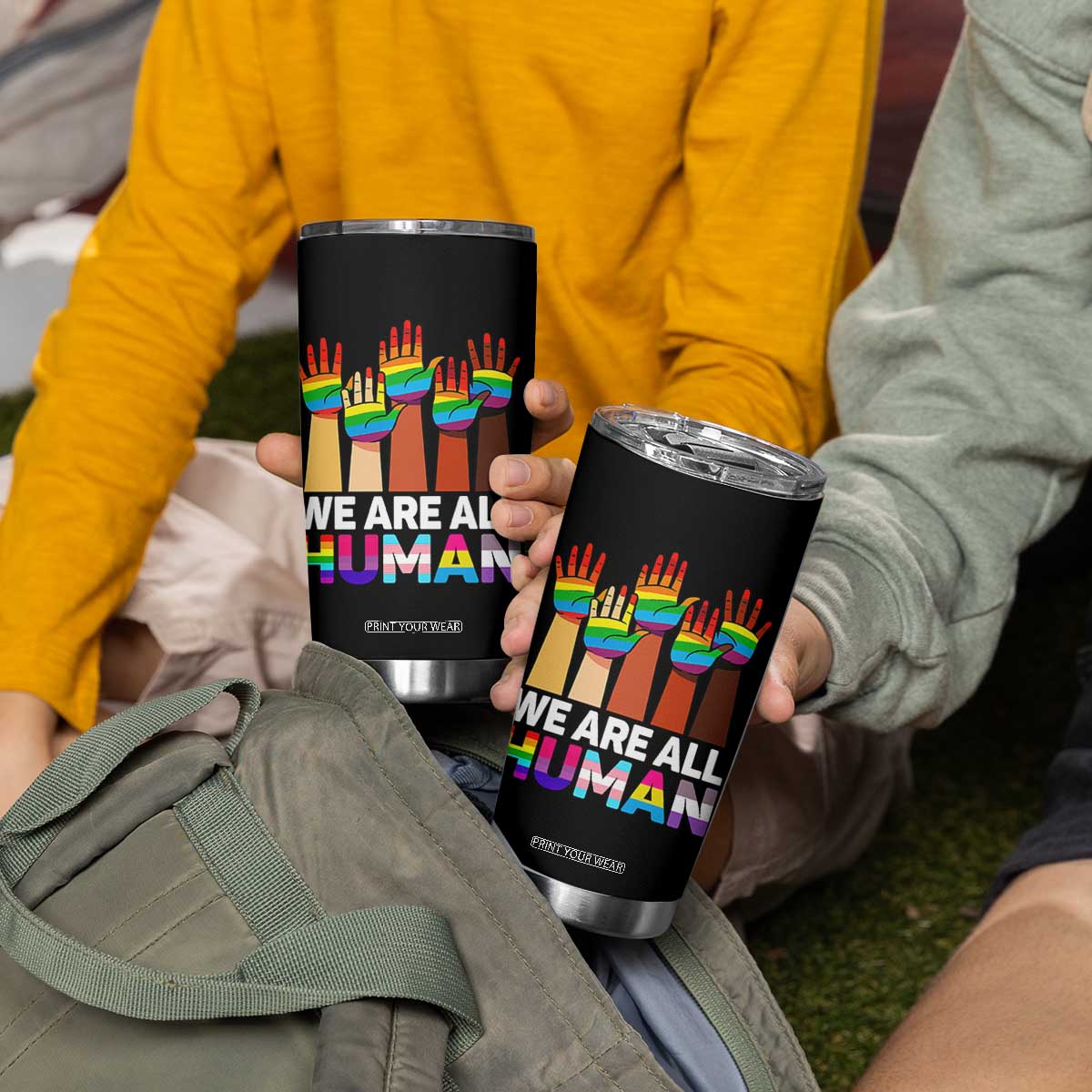 We Are All Human Rainbow Hands Tumbler Cup LGBTQ+ Unity Equality Pride Month TS02 Print Your Wear