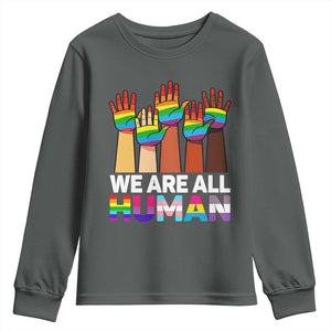 We Are All Human Rainbow Hands Youth Sweatshirt LGBTQ+ Unity Equality Pride Month TS02 Dark Heather Print Your Wear
