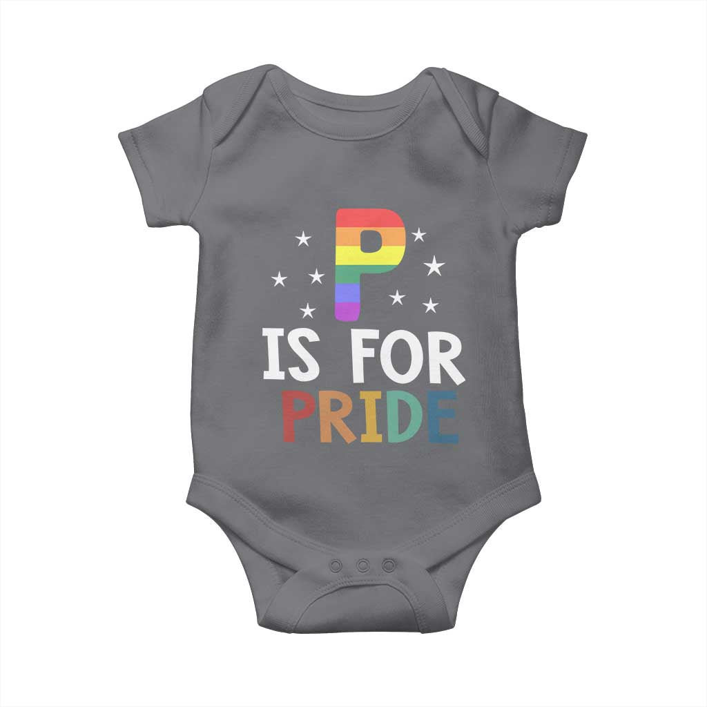 P is for Pride Baby Onesie Funny Rainbow Alphabet Celebrating LGBTQ+ Identity TS02 Charcoal Print Your Wear