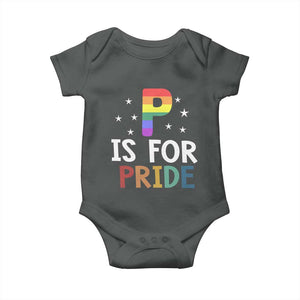 P is for Pride Baby Onesie Funny Rainbow Alphabet Celebrating LGBTQ+ Identity TS02 Dark Heather Print Your Wear