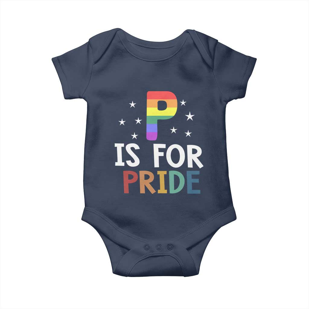 P is for Pride Baby Onesie Funny Rainbow Alphabet Celebrating LGBTQ+ Identity TS02 Navy Print Your Wear