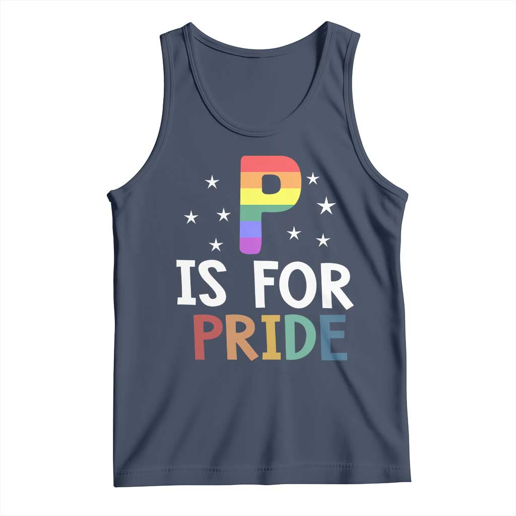 P is for Pride Tank Top Funny Rainbow Alphabet Celebrating LGBTQ+ Identity TS02 Navy Print Your Wear