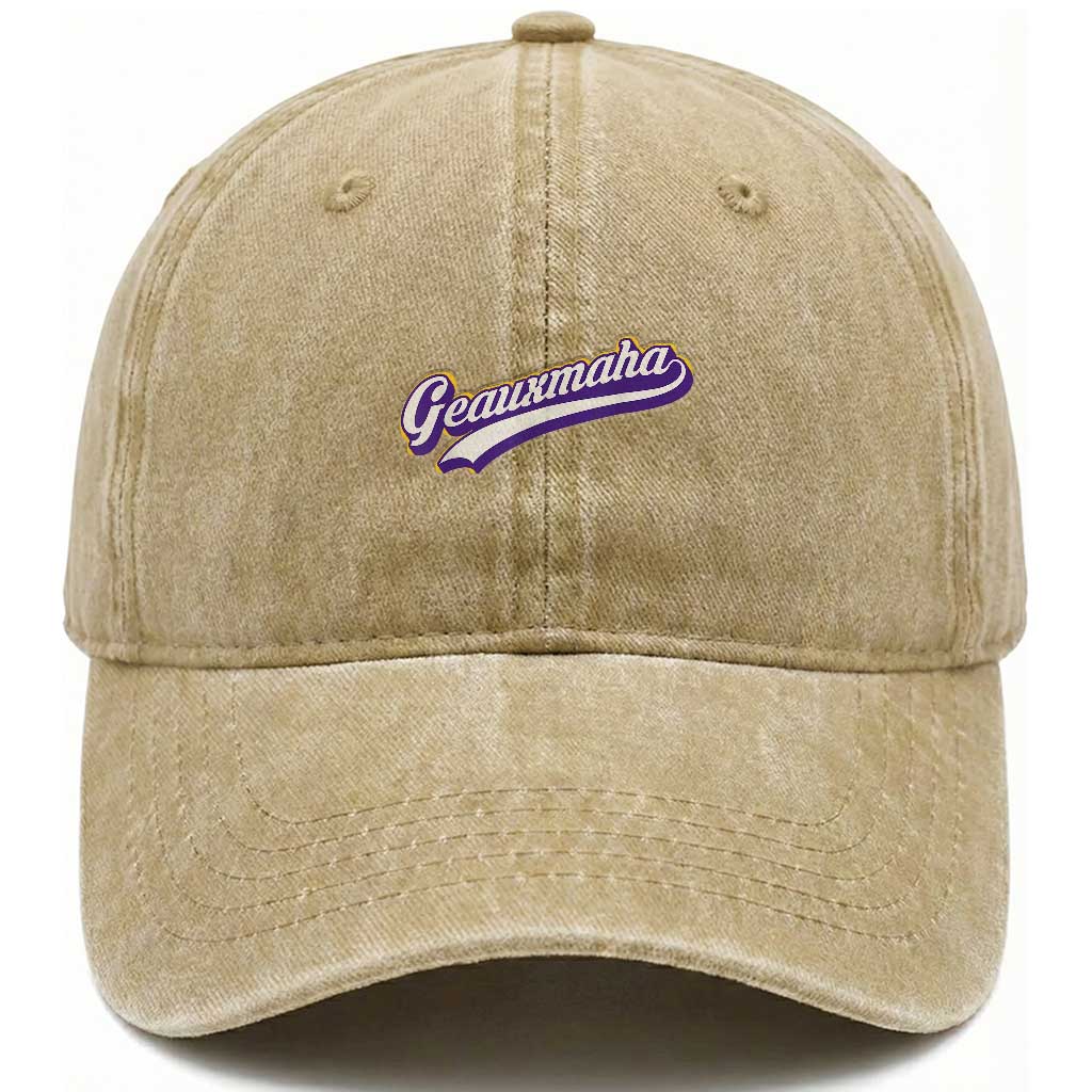 Geauxmaha Vintage Throwback Design Washed Cotton Baseball Cap Gold Baseball Fan TS02 Washed Cap Universal Fit Khaki Print Your Wear