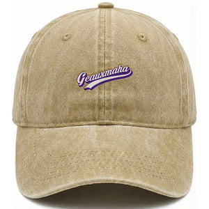 Geauxmaha Vintage Throwback Design Washed Cotton Baseball Cap Gold Baseball Fan TS02 Washed Cap Universal Fit Khaki Print Your Wear