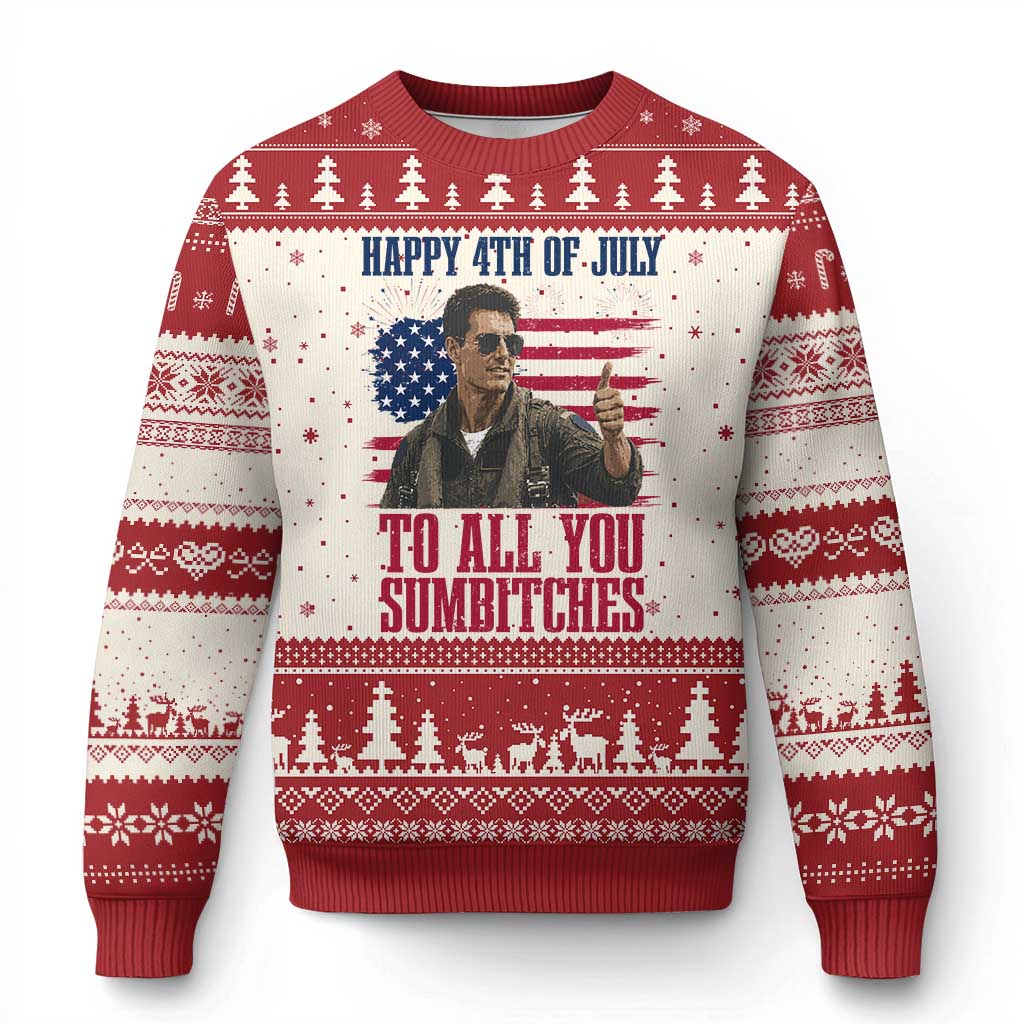 Happy 4th of July To All You Sumbitches Patriotic Graphic Ugly Christmas Sweater Funny Fighter Pilot Retro Action Movie Humor Inspo TS02 Beige Red Print Your Wear
