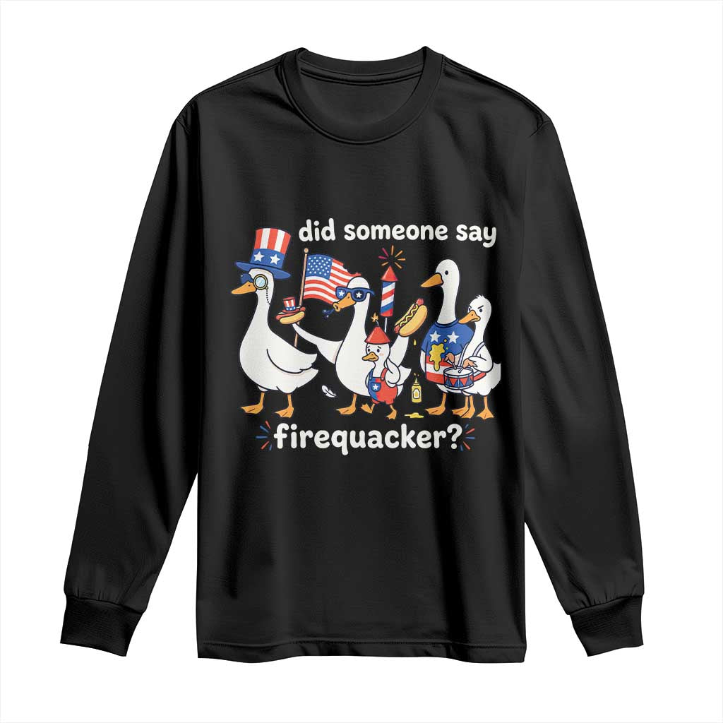 Funny Patriotic Duck Family 4th of July Fireworks Long Sleeve Shirt Did Someone Say Firequacker Word Pun Cute Graphic TS02 Black Print Your Wear