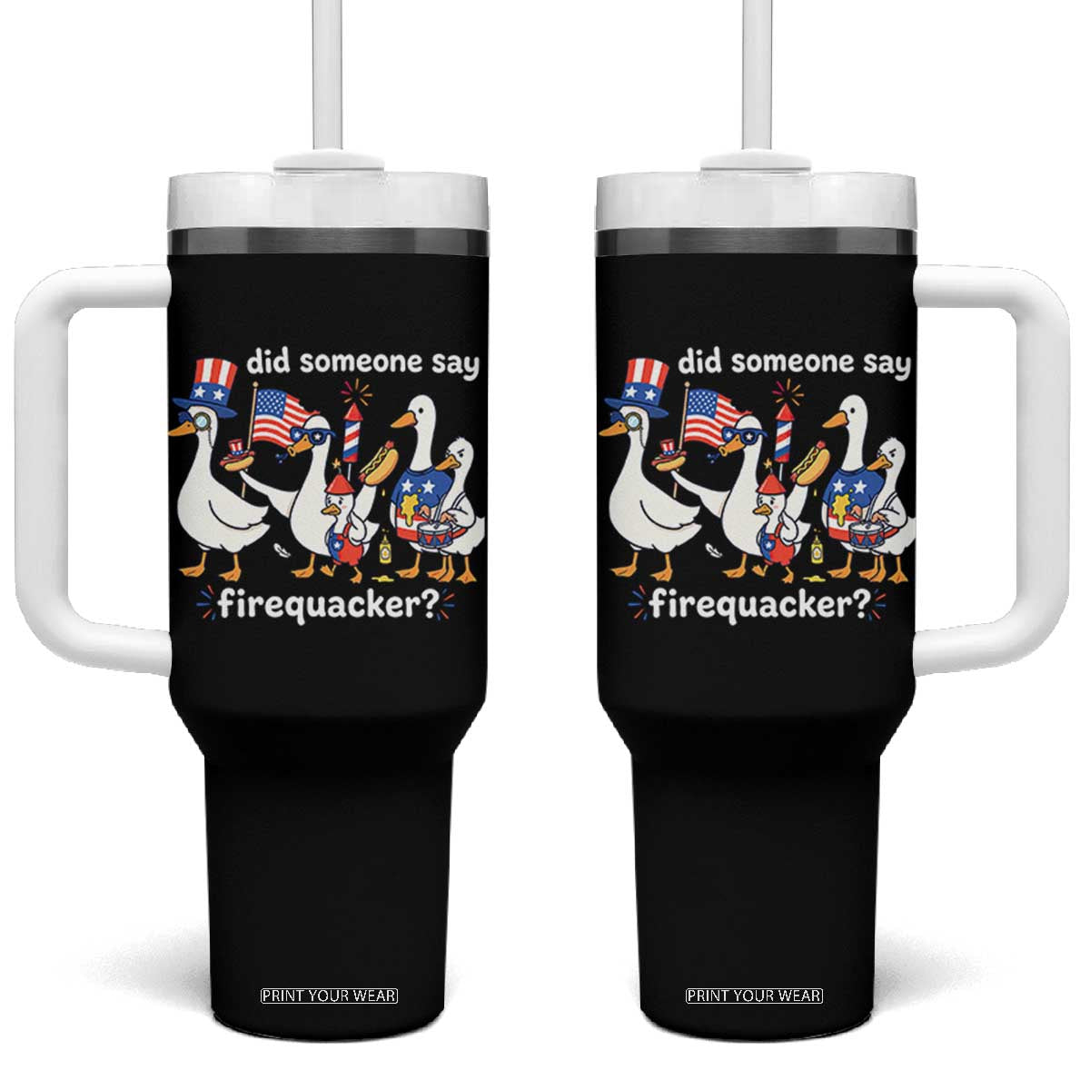 Funny Patriotic Duck Family 4th of July Fireworks Tumbler With Handle Did Someone Say Firequacker Word Pun Cute Graphic TS02 One Size: 40 oz Black Print Your Wear