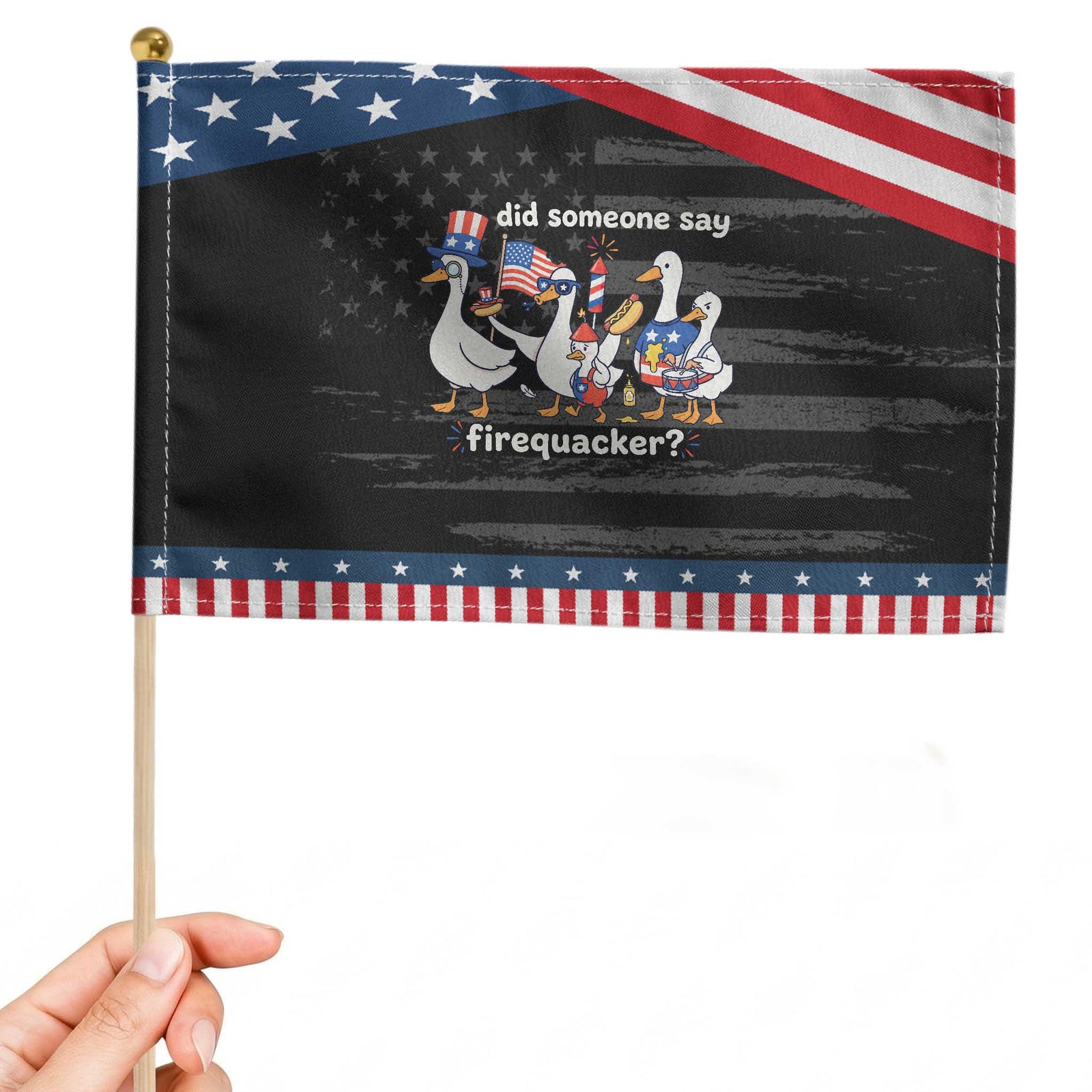Funny Duck Family 4th of July Fireworks Patriotic Handheld Flag Did Someone Say Firequacker Word Pun Cute Graphic TS02 Distressed 8.2