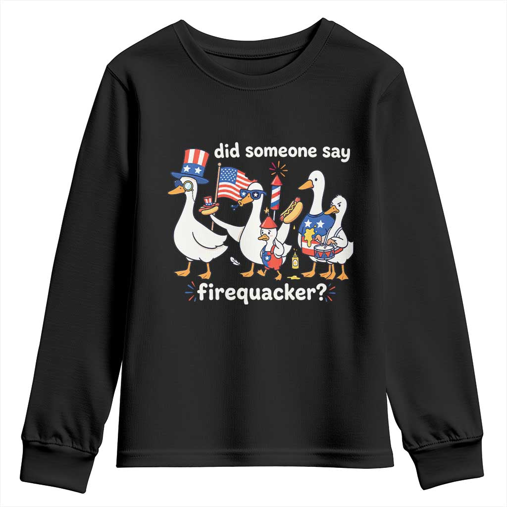 Funny Patriotic Duck Family 4th of July Fireworks Youth Sweatshirt Did Someone Say Firequacker Word Pun Cute Graphic TS02 Black Print Your Wear