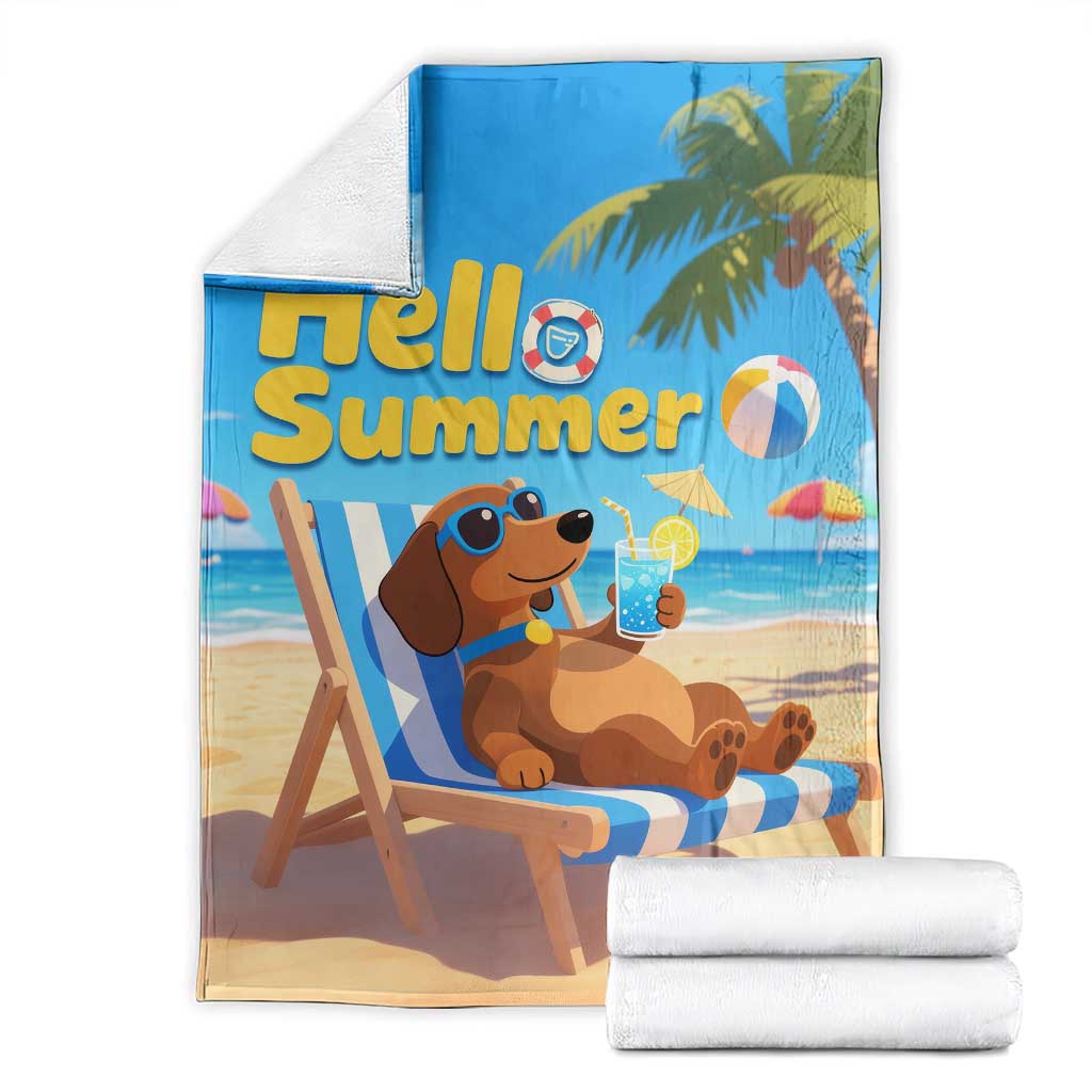 Hello Summer Wiener Dog Dachshund Relaxing on Beach Throw Blanket TS02 Summer Oasis Print Your Wear