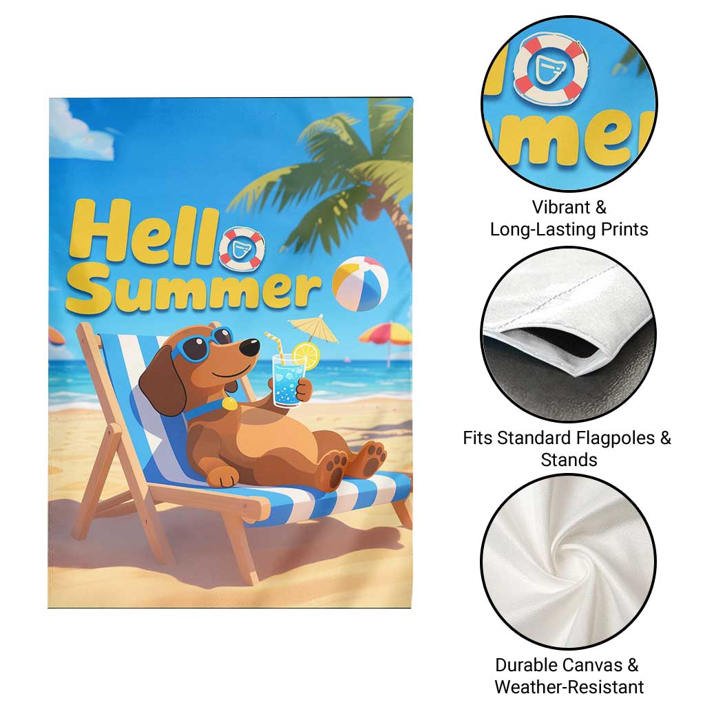 Hello Summer Wiener Dog Dachshund Relaxing on Beach Garden Flag TS02 Print Your Wear