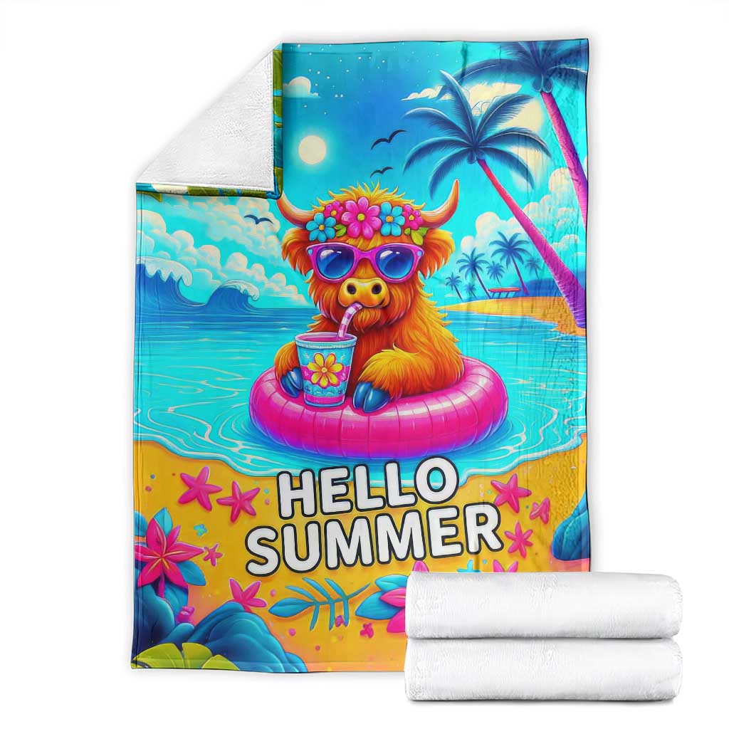Hello Summer Highland Cow Floating Tropical Beach Throw Blanket Oasis Summer Vibes TS02 Tropical Blue Print Your Wear