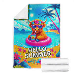 Hello Summer Highland Cow Floating Tropical Beach Throw Blanket Oasis Summer Vibes TS02 Tropical Blue Print Your Wear