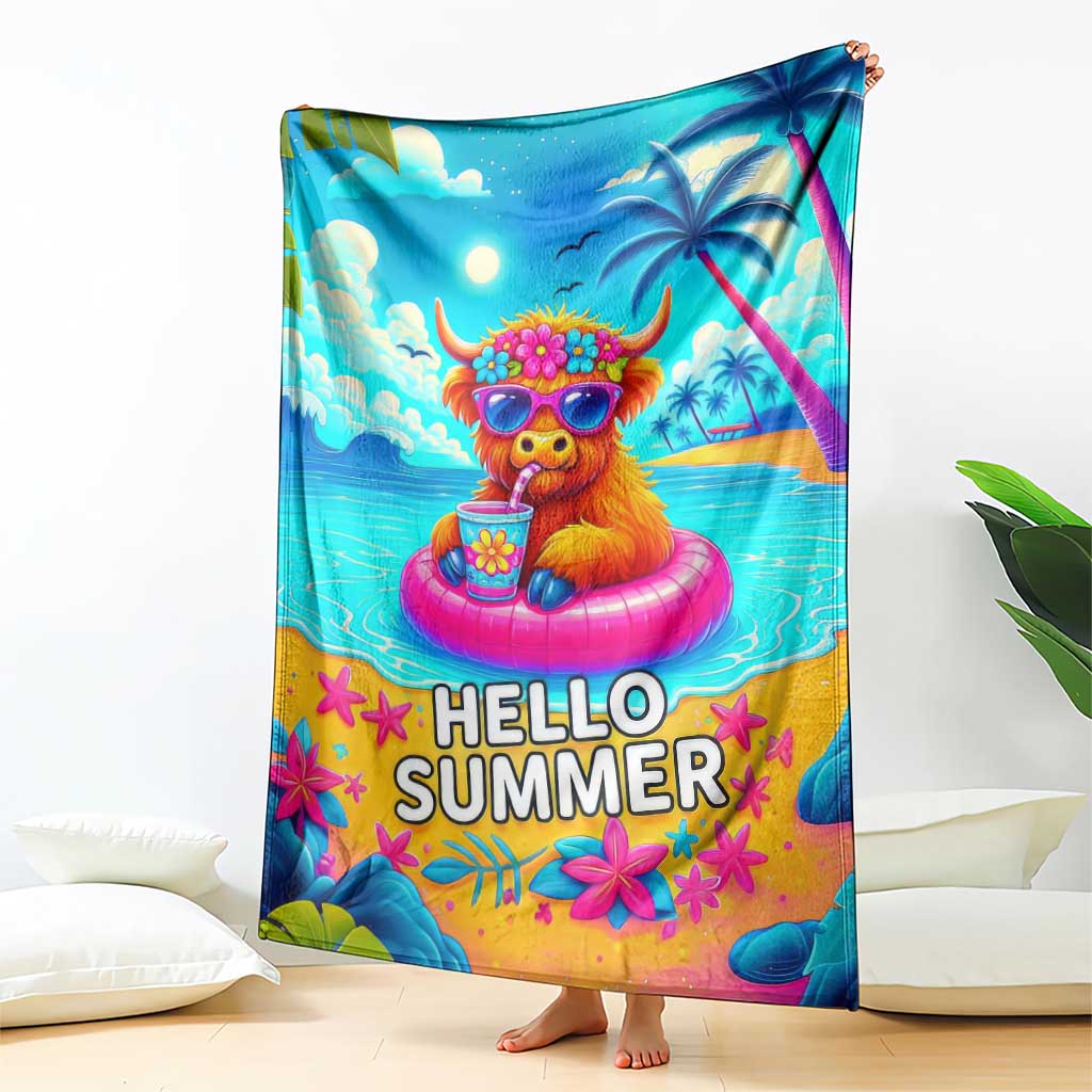 Hello Summer Highland Cow Floating Tropical Beach Throw Blanket Oasis Summer Vibes TS02 Print Your Wear