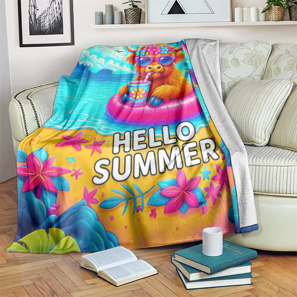 Hello Summer Highland Cow Floating Tropical Beach Throw Blanket Oasis Summer Vibes TS02 Print Your Wear