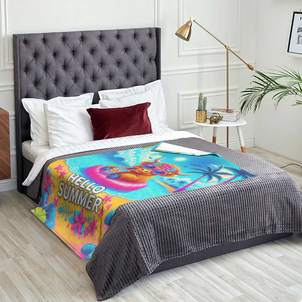Hello Summer Highland Cow Floating Tropical Beach Throw Blanket Oasis Summer Vibes TS02 Print Your Wear