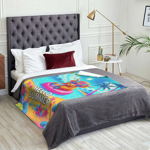 Hello Summer Highland Cow Floating Tropical Beach Throw Blanket Oasis Summer Vibes TS02 Print Your Wear