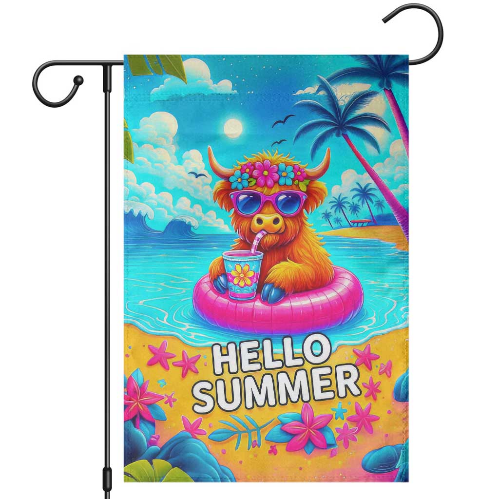 Hello Summer Highland Cow Floating Tropical Beach Garden Flag Oasis Summer Vibes TS02 Tropical Blue Print Your Wear