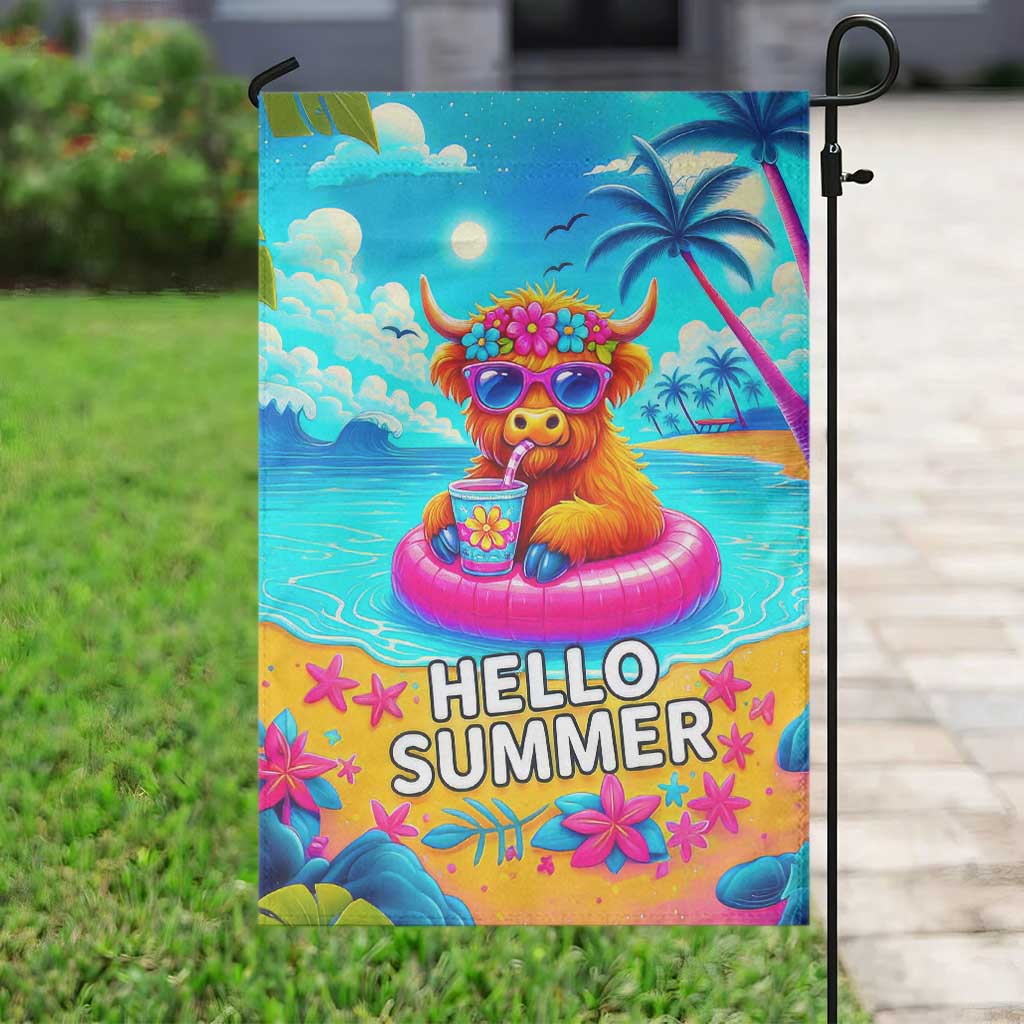Hello Summer Highland Cow Floating Tropical Beach Garden Flag Oasis Summer Vibes TS02 Print Your Wear