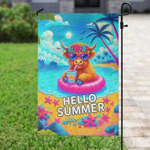 Hello Summer Highland Cow Floating Tropical Beach Garden Flag Oasis Summer Vibes TS02 Print Your Wear