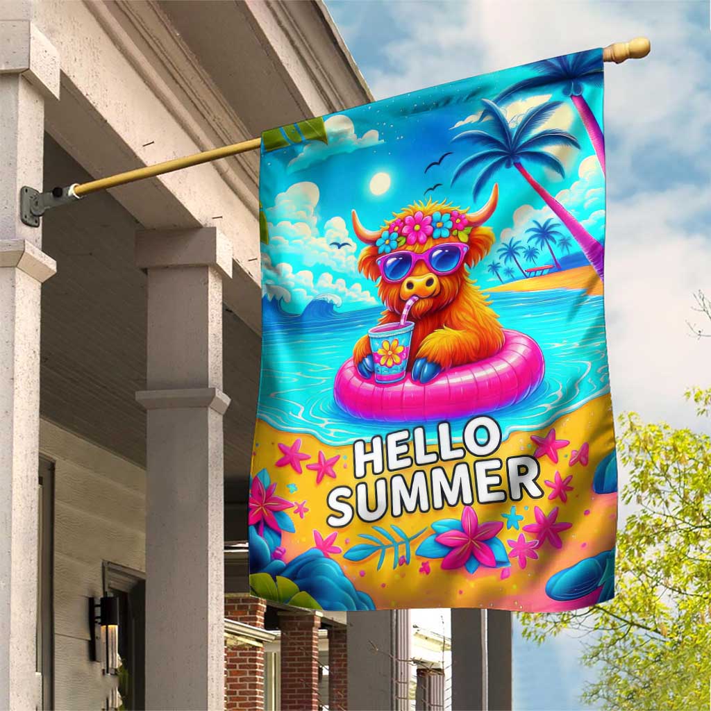 Hello Summer Highland Cow Floating Tropical Beach Garden Flag Oasis Summer Vibes TS02 Print Your Wear