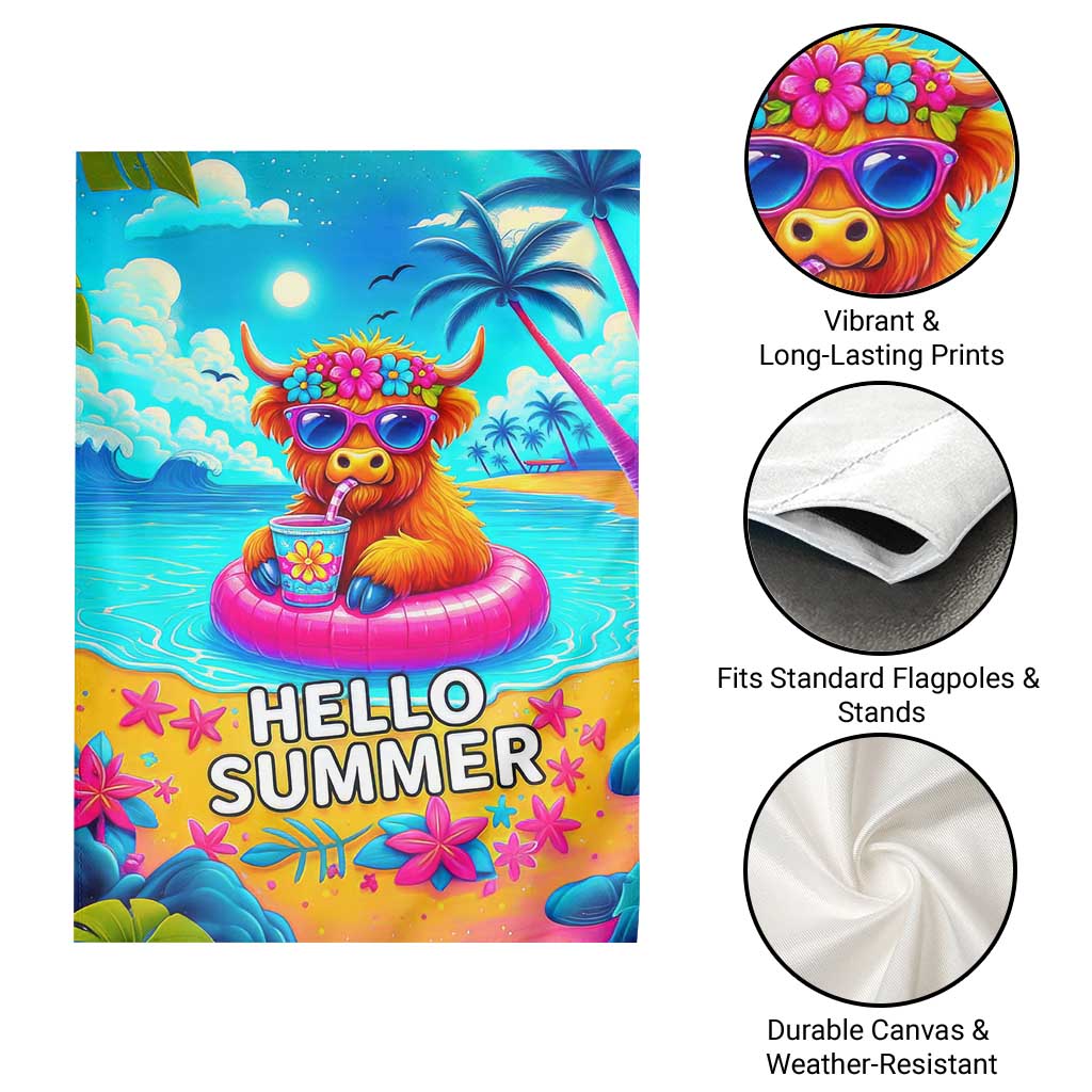 Hello Summer Highland Cow Floating Tropical Beach Garden Flag Oasis Summer Vibes TS02 Print Your Wear