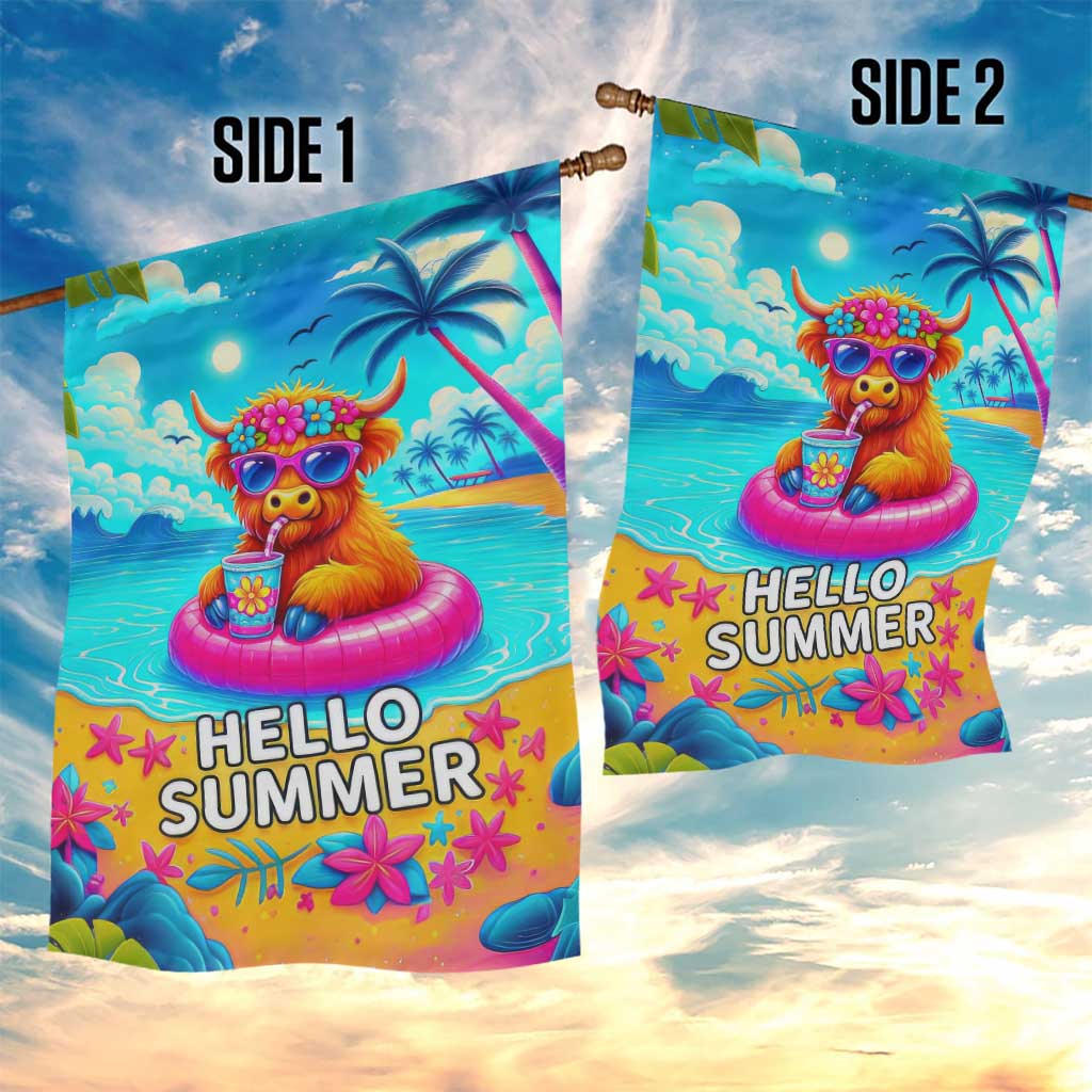 Hello Summer Highland Cow Floating Tropical Beach Garden Flag Oasis Summer Vibes TS02 Print Your Wear