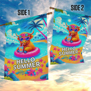 Hello Summer Highland Cow Floating Tropical Beach Garden Flag Oasis Summer Vibes TS02 Print Your Wear