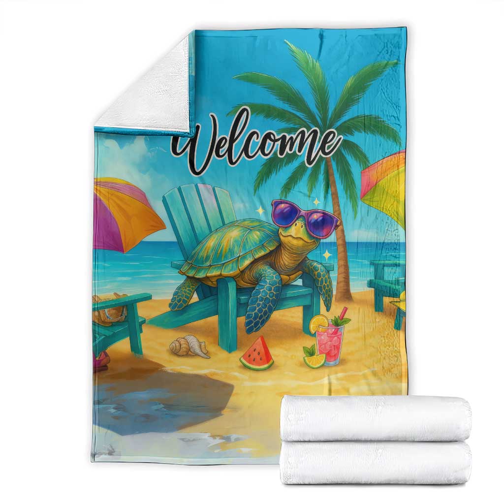 Welcome Beach Sea Turtle Relaxing in Chair Throw Blanket Tropical Oasis Summer Vibes Vacation TS02 Tropical Blue Print Your Wear