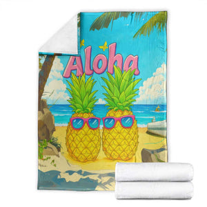 Aloha Sunglasses Pineapples Tropical Hawaii Throw Blanket Beach Vacation Oasis Summer Vibes TS02 Tropical Blue Print Your Wear