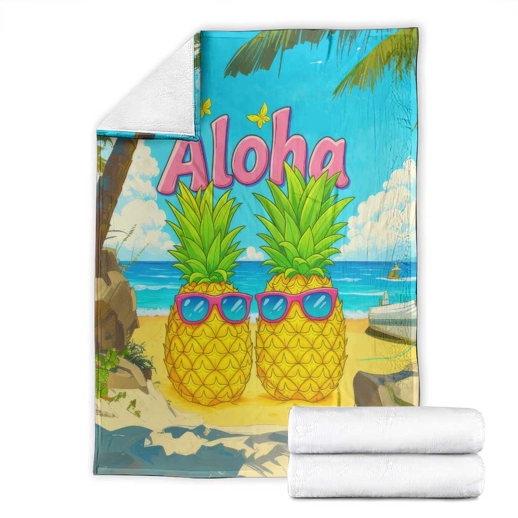 Aloha Sunglasses Pineapples Tropical Hawaii Throw Blanket Beach Vacation Oasis Summer Vibes TS02 Tropical Blue Print Your Wear