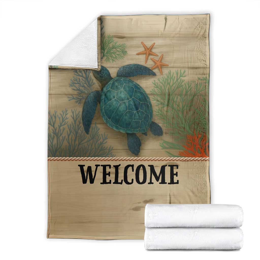 Welcome Sea Turtle Coastal Coral Wood Texture Ocean Throw Blanket TS02 Light Oak Print Your Wear