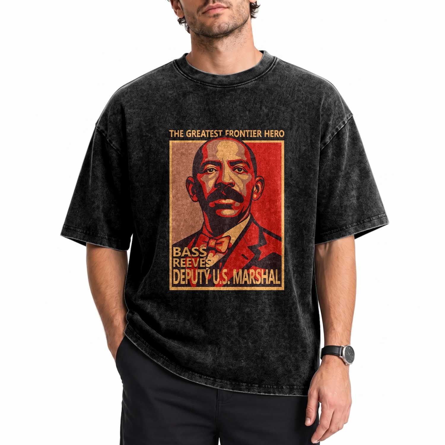 Bass Reeves The Greatest Frontier Hero Vintage Poster Graphic Washed Cotton T-Shirt First Black Deputy US Marshal Black History