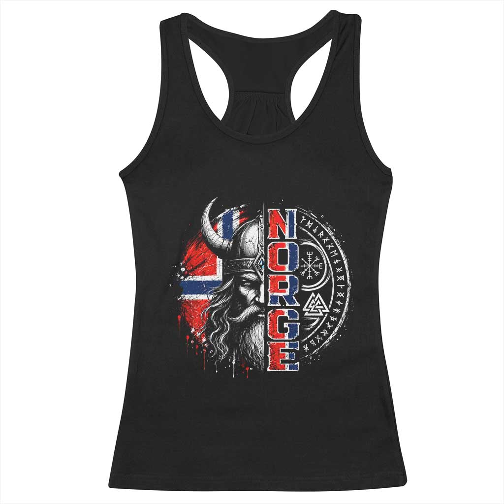Fierce Norge Viking Warrior with Horned Helmet Graphic Racerback Tank Top Norway Pride Distressed Norwegian Flag and Runes TS02 Black Print Your Wear