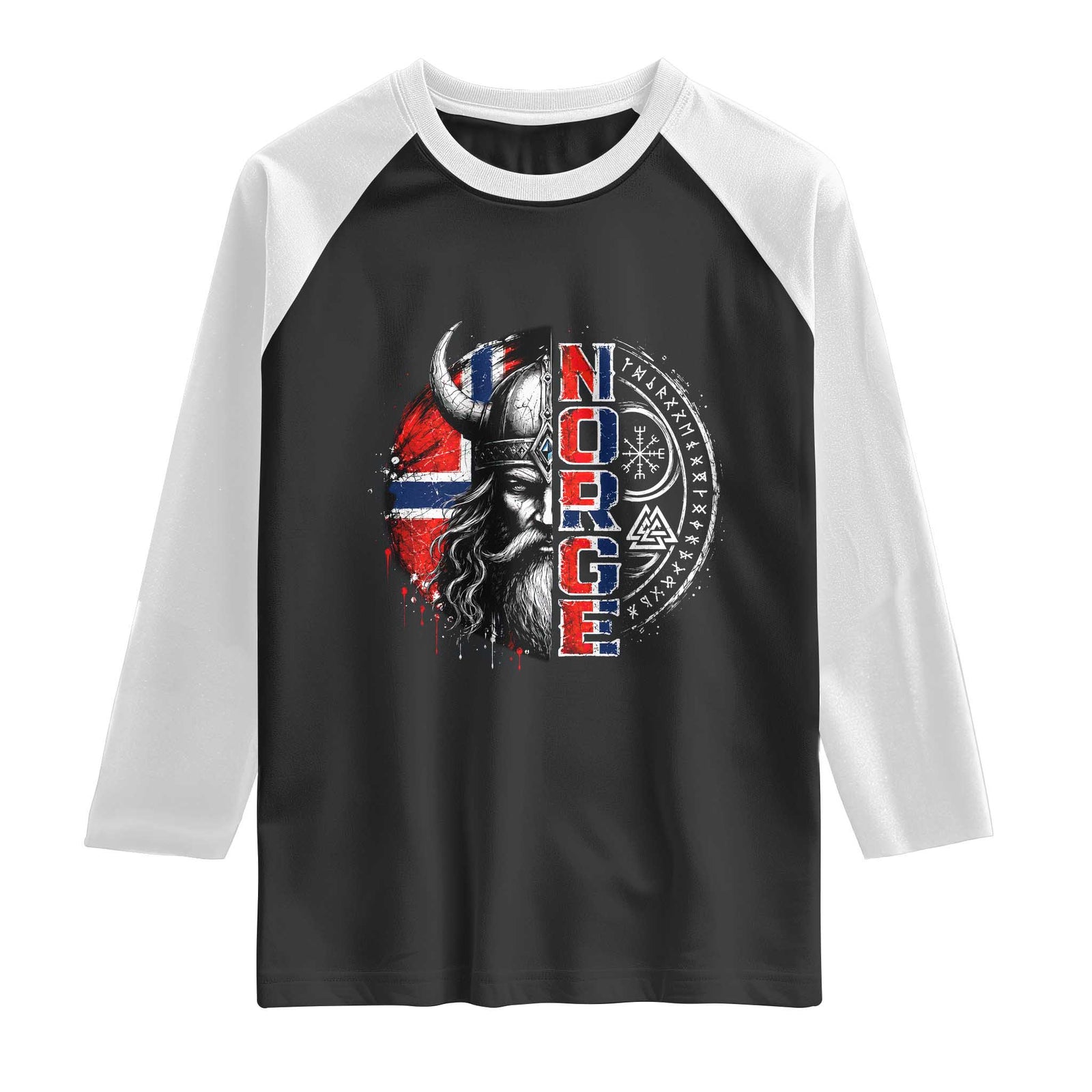 Fierce Norge Viking Warrior with Horned Helmet Graphic Raglan Shirt Norway Pride Distressed Norwegian Flag and Runes TS02 Black White Print Your Wear