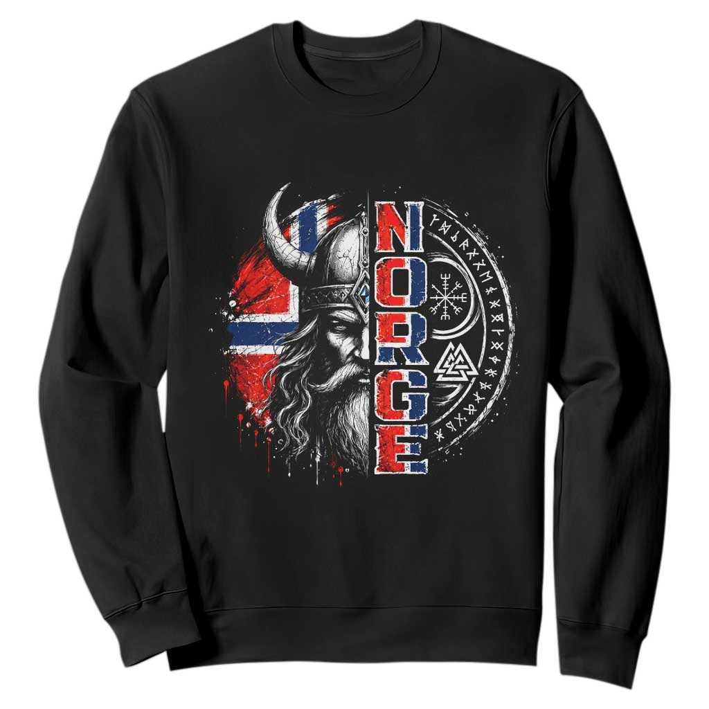 Fierce Norge Viking Warrior with Horned Helmet Graphic Sweatshirt Norway Pride Distressed Norwegian Flag and Runes TS02 Black Print Your Wear