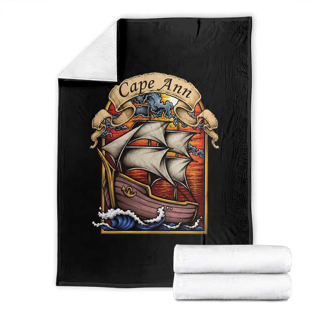 Cape Ann Vintage Nautical Sailing Ship Graphic Throw Blanket Retro Stained Glass Window Style Ocean Sunset Tall Ship TS02 Black Print Your Wear