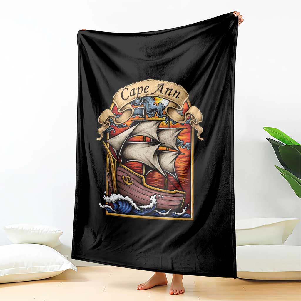 Cape Ann Vintage Nautical Sailing Ship Graphic Throw Blanket Retro Stained Glass Window Style Ocean Sunset Tall Ship TS02 Print Your Wear