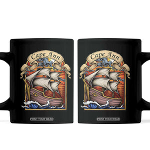 Cape Ann Vintage Nautical Sailing Ship Graphic Coffee Mug Retro Stained Glass Window Style Ocean Sunset Tall Ship TS02 Black Print Your Wear