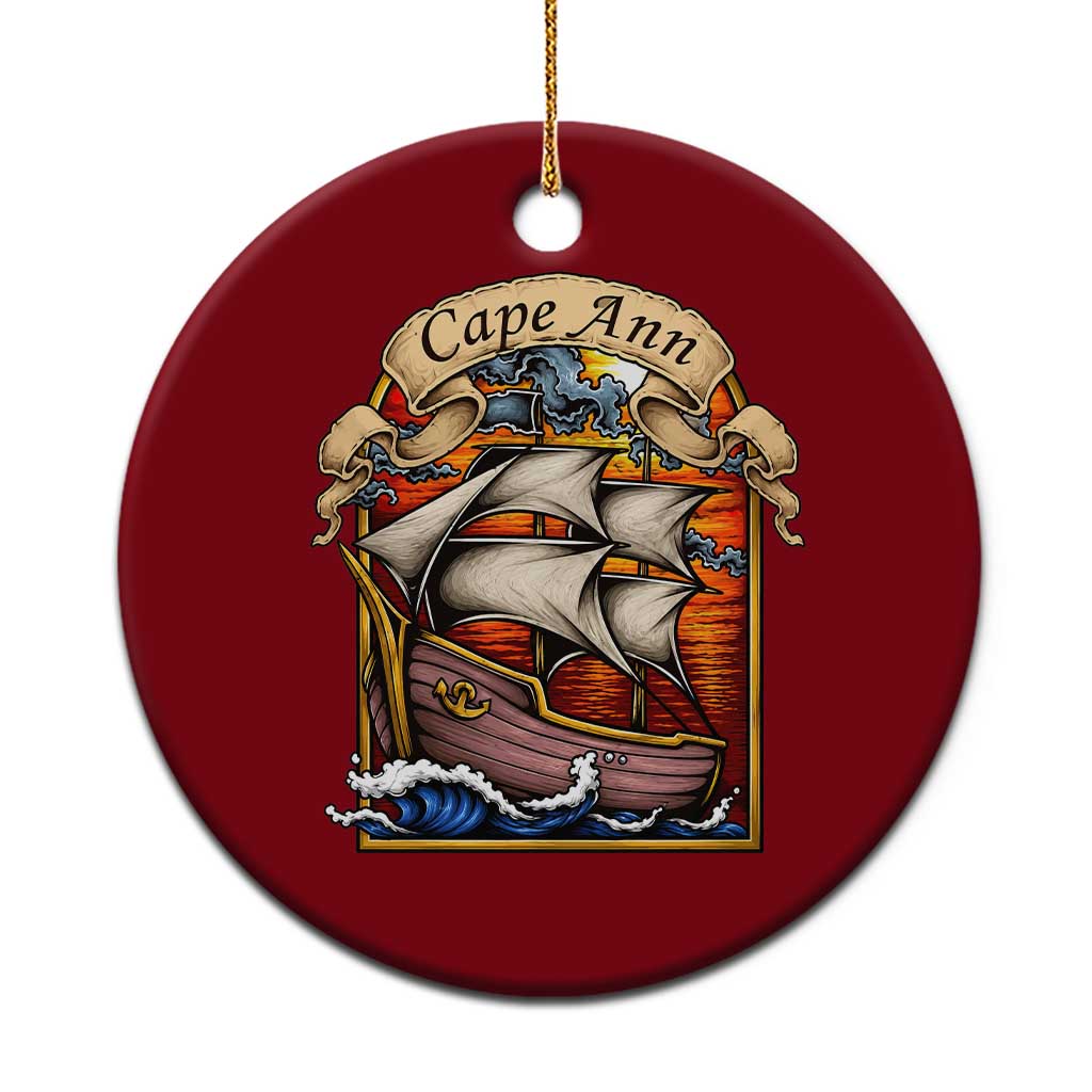 Cape Ann Vintage Nautical Sailing Ship Graphic Ceramic Ornament Retro Stained Glass Window Style Ocean Sunset Tall Ship TS02 1pc Red Print Your Wear