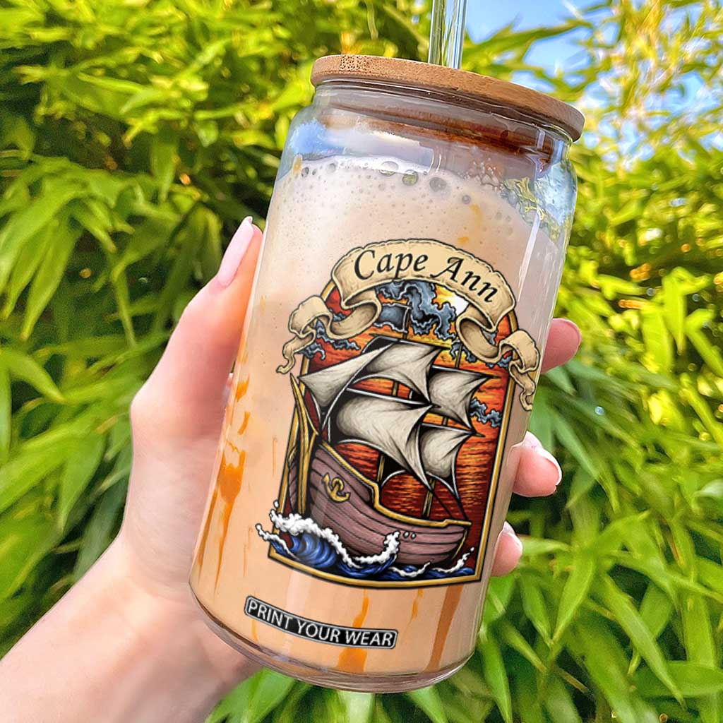 Cape Ann Vintage Nautical Sailing Ship Graphic Glass Can Retro Stained Glass Window Style Ocean Sunset Tall Ship TS02 Black Print Your Wear