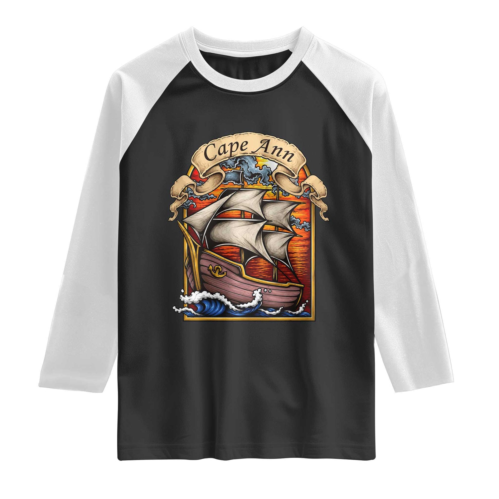 Cape Ann Vintage Nautical Sailing Ship Graphic Raglan Shirt Retro Stained Glass Window Style Ocean Sunset Tall Ship TS02 Black White Print Your Wear