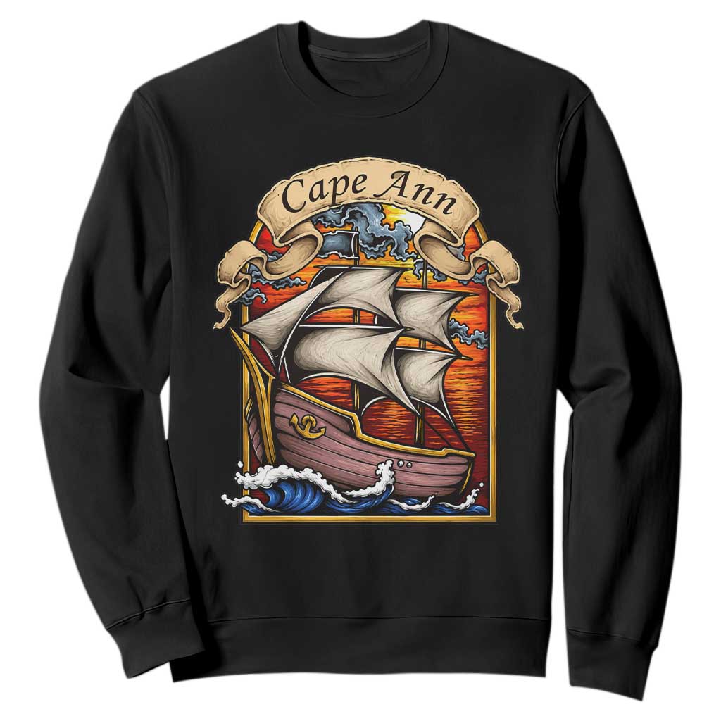 Cape Ann Vintage Nautical Sailing Ship Graphic Sweatshirt Retro Stained Glass Window Style Ocean Sunset Tall Ship TS02 Black Print Your Wear