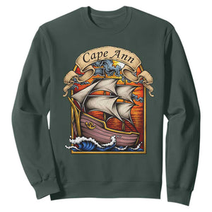 Cape Ann Vintage Nautical Sailing Ship Graphic Sweatshirt Retro Stained Glass Window Style Ocean Sunset Tall Ship TS02 Dark Forest Green Print Your Wear