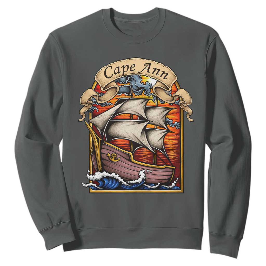 Cape Ann Vintage Nautical Sailing Ship Graphic Sweatshirt Retro Stained Glass Window Style Ocean Sunset Tall Ship TS02 Dark Heather Print Your Wear