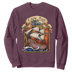 Cape Ann Vintage Nautical Sailing Ship Graphic Sweatshirt Retro Stained Glass Window Style Ocean Sunset Tall Ship TS02 Maroon Print Your Wear